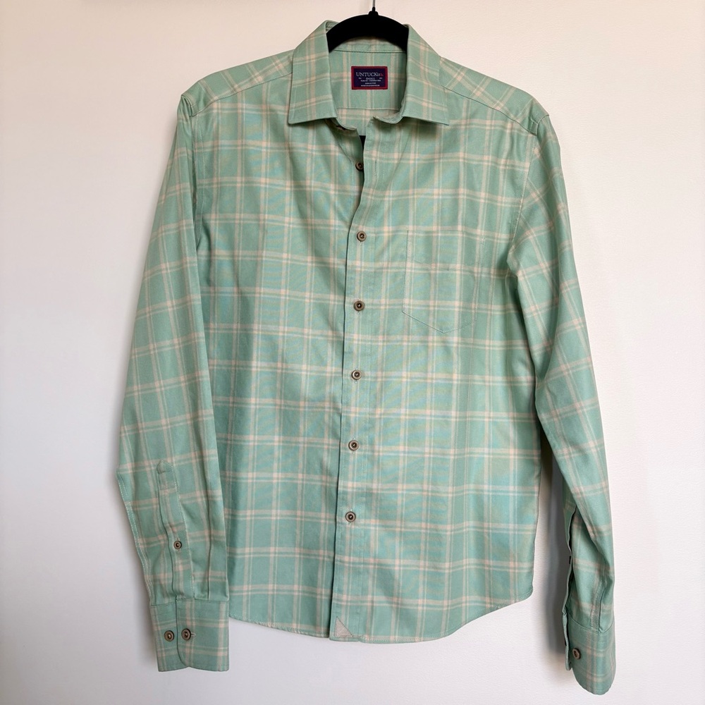 UNTUCKit Colson WF Slim Fit Plaid Button Down Shirt Green Beige Small